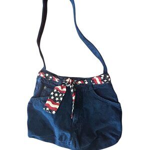 Repurposed Upcycled Denim Purse USA Patriotic Flag Shoulder Bag Bonjour Jeans